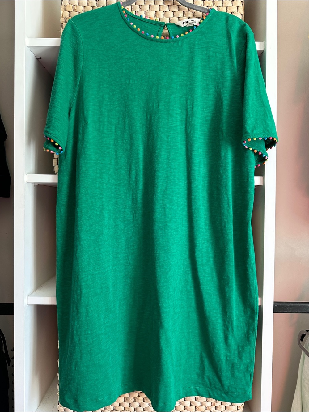 Boden Emerald Green Mini Dress with Colorful Pom Trim